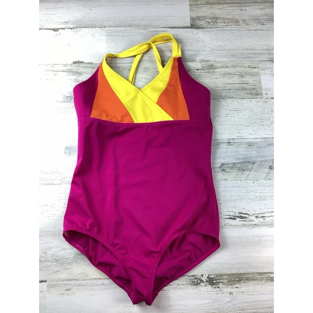 Lands' End Kids Size 16 1pc Vibrant Color Block Pink Yellow Orange Swimsuit